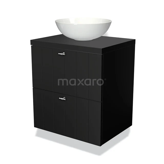 Zwarte badkamerkast met witte ronde waskom, twee lades, modern design, ideaal voor stijlvolle badkameropbergoplossingen.