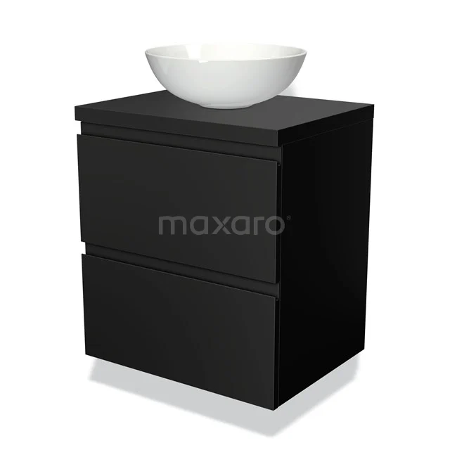 Schwarzes Badmöbel mit zwei Schubladen und Aufsatzwaschbecken aus weißer Keramik, modernes Design für stilvolle Badezimmerinrichtung.