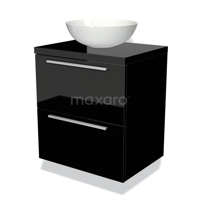 Zwart glanzend badkamermeubel met chromen handgrepen en witte ronde waskom, stijlvol ontwerp voor moderne badkamers.
