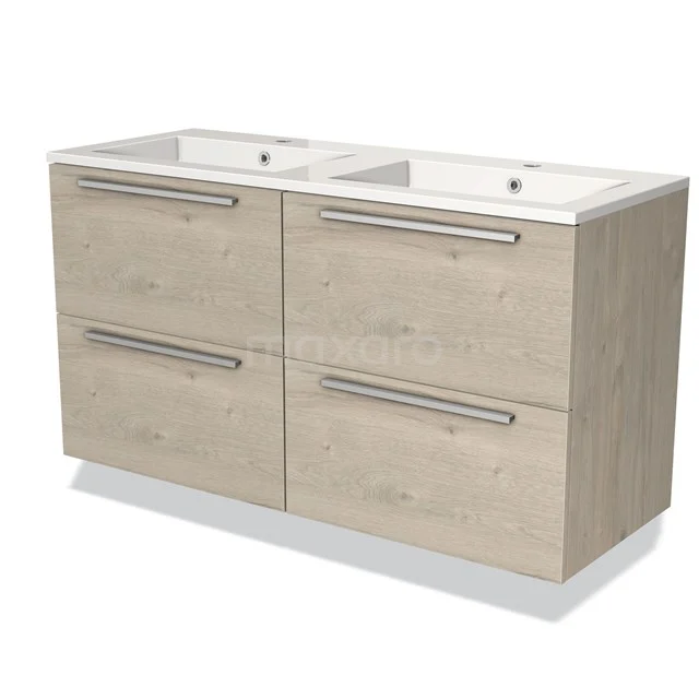 Dubbele wastafelmeubel, licht eikenhout, moderne stijl met vier lades en metalen handgrepen, perfect voor een stijlvolle badkamer.