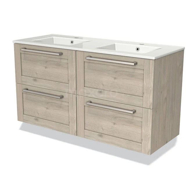 Badmöbel mit zwei Waschbecken, Holzlook-Oberfläche, 4 Schubladen, modernes Design und nachhaltige Materialien, perfekt für jedes Badezimmer.