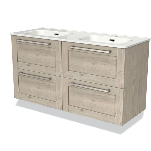 Wooden bathroom unit with double basin, four drawers and modern design, ideal for stylish bathroom storage.