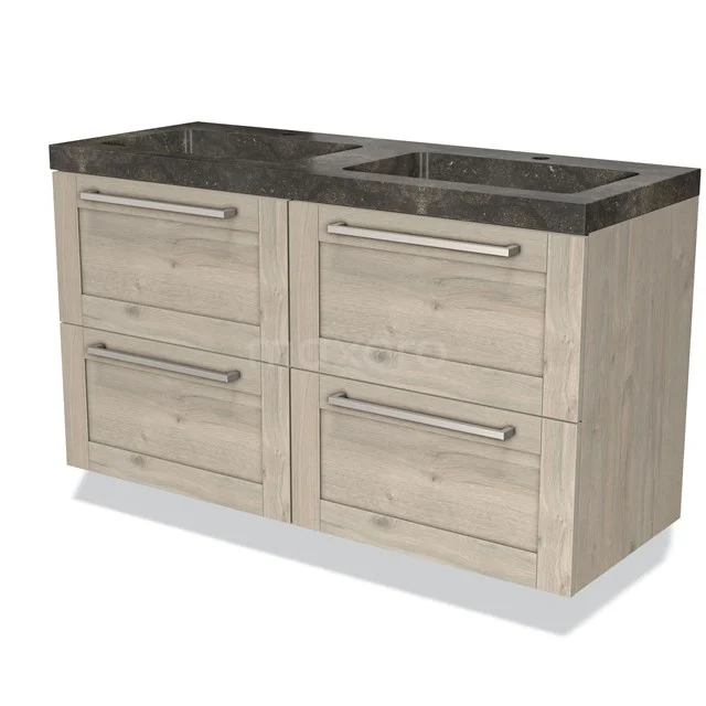 Houten badkamermeubel met vier lades, donker marmeren wastafelblad en ingebouwde wastafel, ideaal voor moderne badkamers.