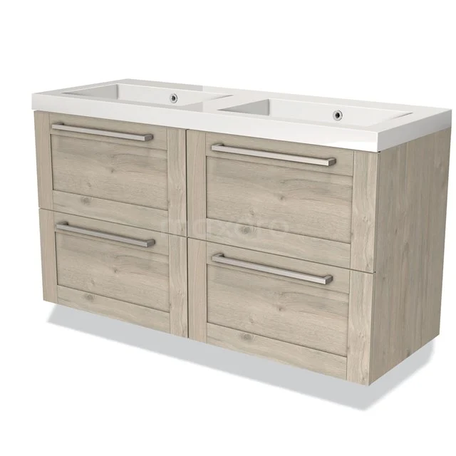 Dubbele wastafelmeubel in licht hout, vier lades met zilveren grepen, modern badkamerdesign, duurzaam materiaal.