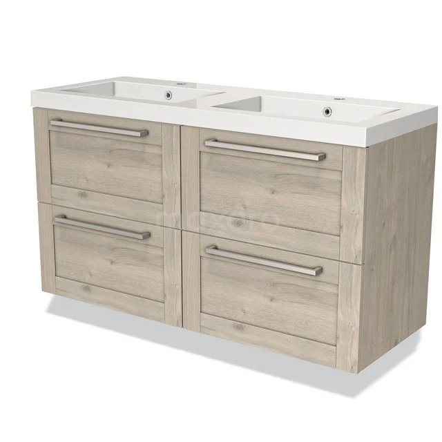 Houten badkamermeubel met dubbele wastafel, vier lades en mat chroom handgrepen, ideaal voor een moderne badkamer.