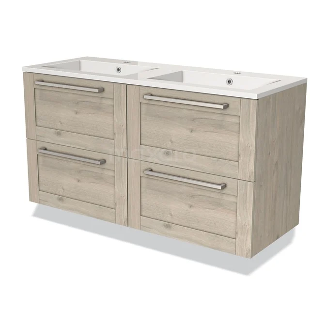 Wooden bathroom unit with double basin, natural light oak finish and four drawers with metal handles.