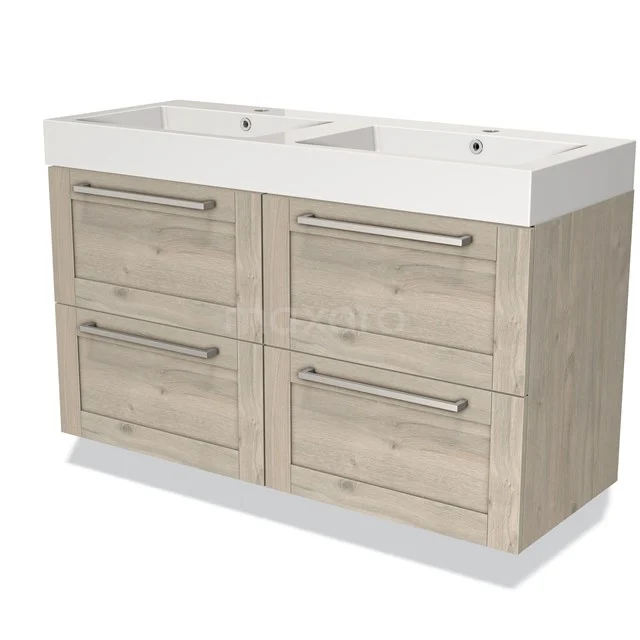 Houten badkamermeubel met dubbele wastafel, licht eiken kleur, 4 lades en strakke design handgrepen.
