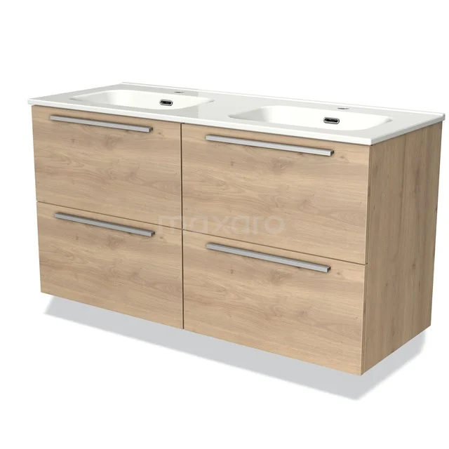 Houten badkamermeubel met dubbele wastafel, vier lades en moderne handgrepen, ideaal voor een stijlvolle badkamerindeling.