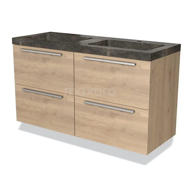 Houtlook badkamermeubel met zwart marmeren blad en geïntegreerde wastafel, modern design met vier lades.