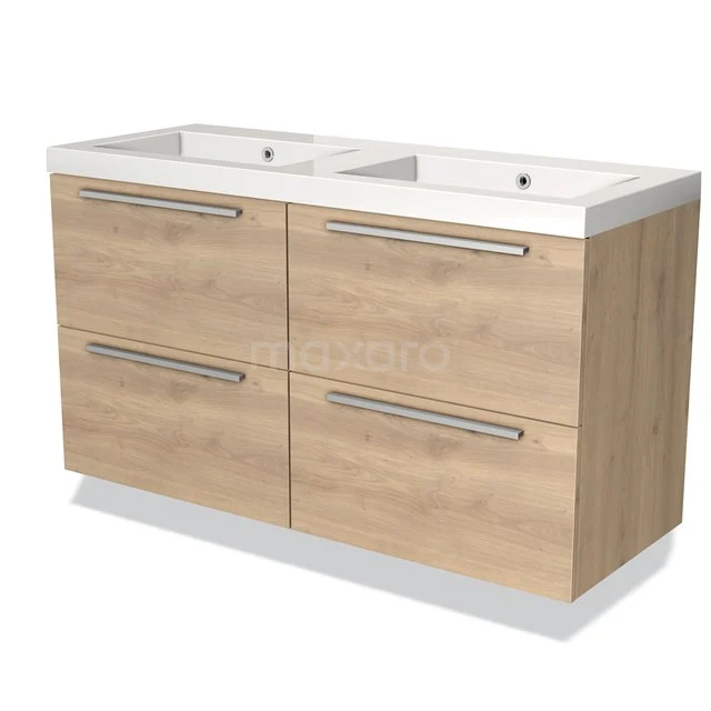 Wooden bathroom unit with double basin, four drawers and modern handles, perfect for stylish bathroom decor.