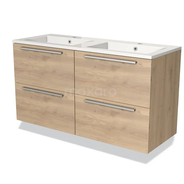 Houten badkamermeubel met dubbele wastafel, vier ruime lades en moderne metalen grepen, perfect voor strakke badkamerinrichting.
