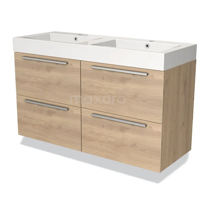 Houten badkamermeubel met dubbele, witte wastafel en vier lades, modern design en matte afwerking.
