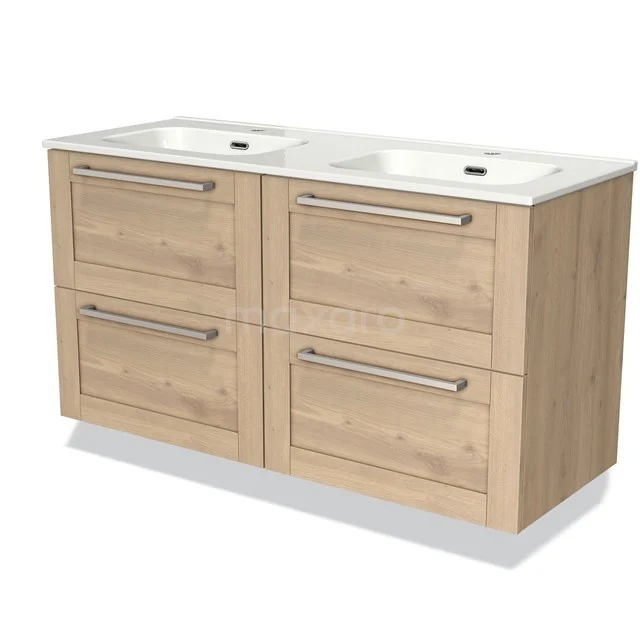 Wooden bathroom unit with double basin, natural finish and four drawers; stylish and practical for any bathroom.