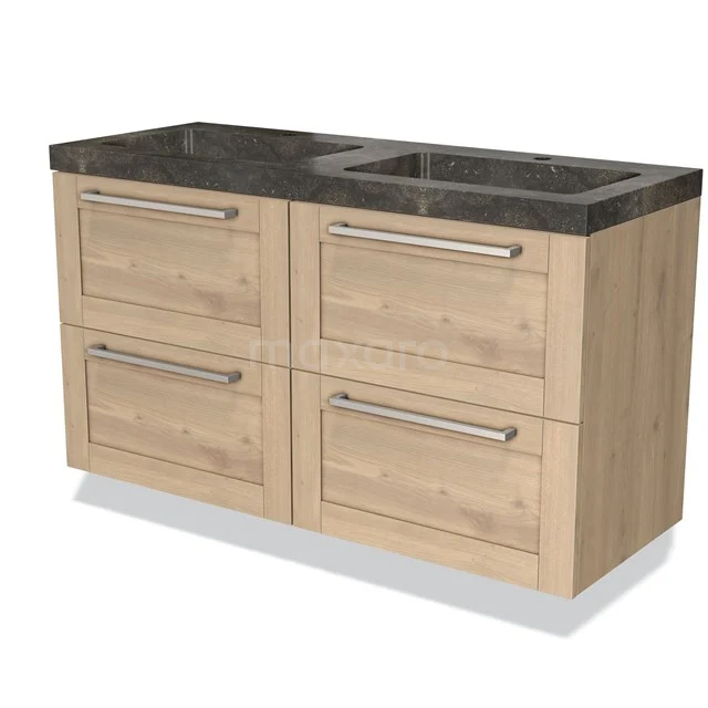 Houten badkamermeubel met vier lades en donker natuurstenen wastafelblad, ideaal voor stijlvolle badkameropslag.