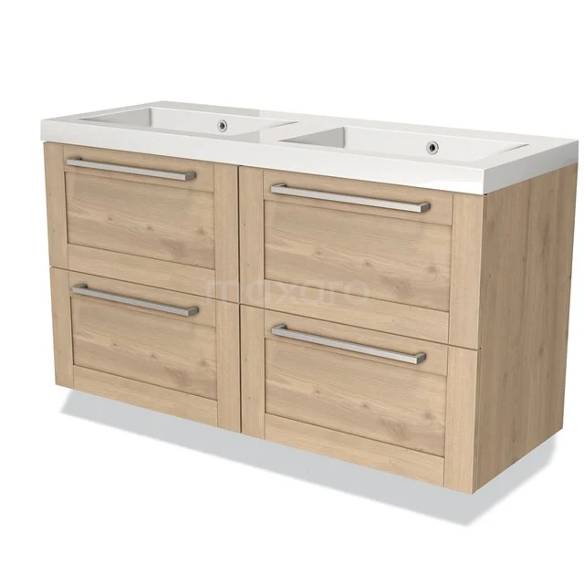 Houten badkamermeubel met dubbele wastafel, soft-close lades en eikenlook; ideaal voor stijlvolle en functionele badkamerruimte.