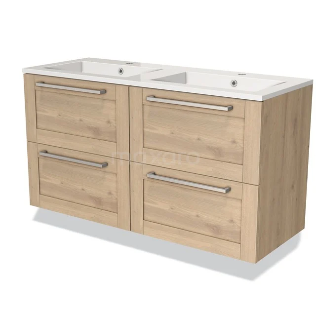 Houten badkamermeubel met vier lades, dubbele wastafel en moderne handgrepen, ideaal voor een stijlvolle badkamer inrichting.