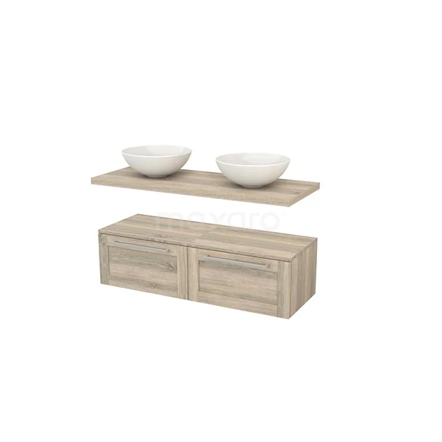 Wooden bathroom furniture set with double drawers, including shelf and two white countertop wash basins, ideal for a modern bathroom style.