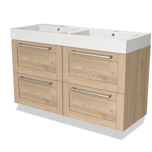 Dubbele wastafel met houtlook onderkast, ladegrepen en wit keramiek blad, modern badkamermeubel voor extra opbergruimte.