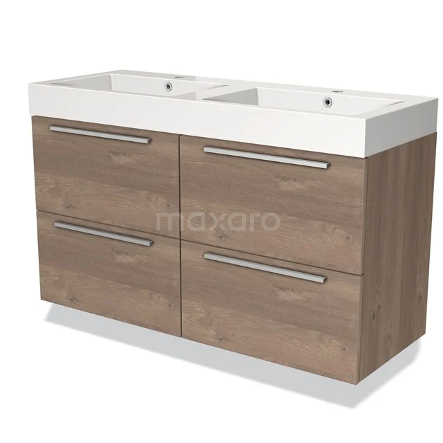 Houten badkamermeubel met dubbele wastafel, vier lades en moderne metalen handgrepen voor stijlvolle badkameropslag.