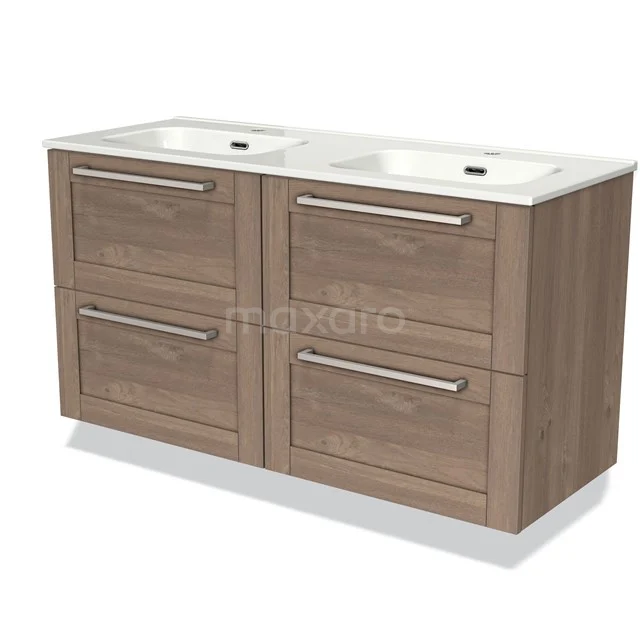 Modulo Bathroom furniture with sink | 120 cm Mid brown oak Bordered front Ceramic 4 drawers BMW18-00172 Wooden double vanity unit with white ceramic countertop wash basin, 4 drawers and modern handles, perfect for stylish bathrooms.