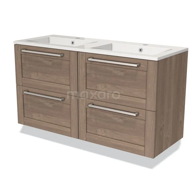 Wooden bathroom unit with double sink, four drawers and modern handles, ideal for stylish bathroom design.