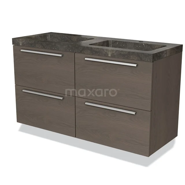 Modulo Waschtische | 120 cm Dunkelbraune Eiche Flach front Naturstein 4 Schubladen BMW18-00186 Holz Badezimmermöbel mit dunklem Marmor Platte, doppeltem Waschbecken und silberfarbenen Haltegriffen, modernes Design.