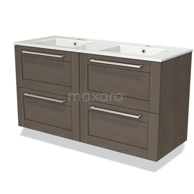 Wooden bathroom unit with double basin, four drawers and sleek metal handles, perfect for modern bathroom design.
