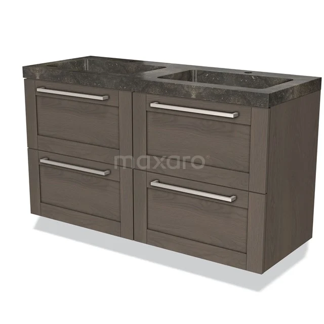 Dark wood bathroom cabinet with two basins, 4 spacious drawers and metal handles, ideal for modern bathroom storage.