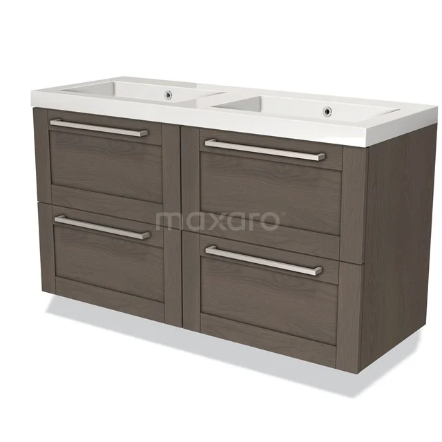Dubbele badkamermeubelset in donker houtlook, met witte wastafel, soft-close lades en moderne metalen handgrepen.