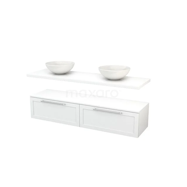 White vanity unit with sleek double drawers, ceramic countertop wash basins and modern finish, ideal for a stylish bathroom.