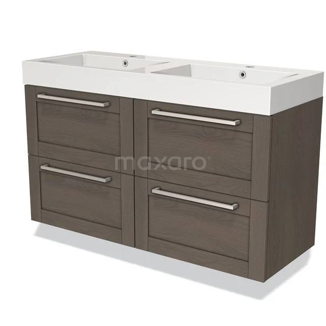 Dark brown wooden bathroom furniture set with double basin, modern handles and four spacious drawers.