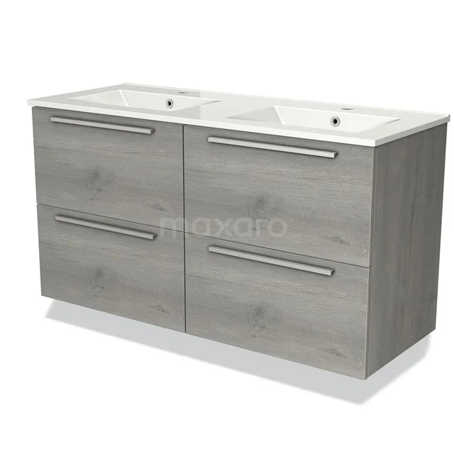 Modulo Bathroom furniture with sink | 120 cm Grey oak Flat front Ceramic 4 drawers BMW18-00207 Grey bathroom unit with double basin, wood-look design and four spacious drawers, ideal for modern bathroom storage.