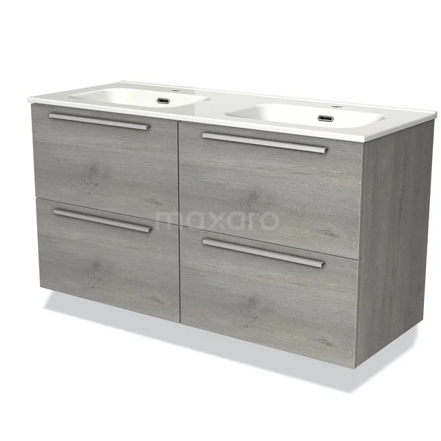 Modulo Bathroom furniture with sink | 120 cm Grey oak Flat front Ceramic 4 drawers BMW18-00208 Wooden bathroom unit with double basin, grey oak look, 4 drawers and chrome handles, perfect for modern bathrooms.