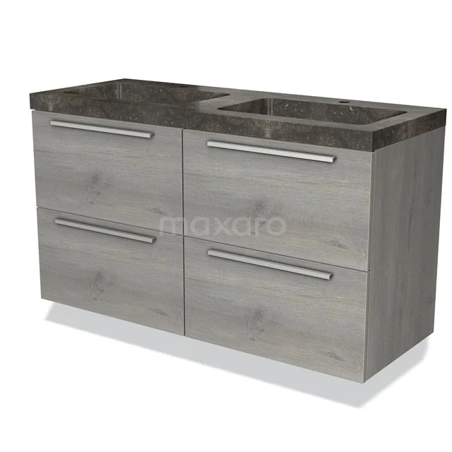 Grau Holz Badezimmermöbel mit vier Schubladen und einer dunklen Marmor Platte, ideal für stilvolle Badezimmerlagerung.