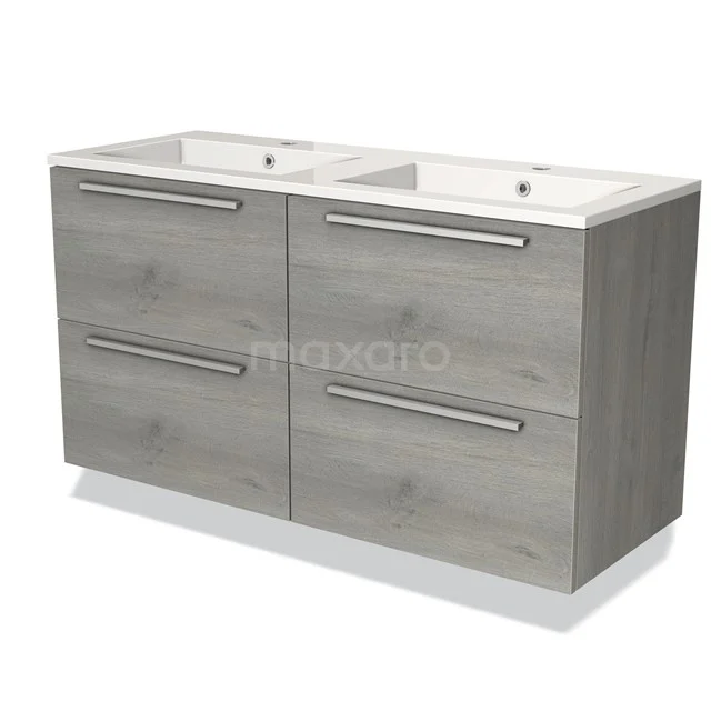 Houten badkamermeubel met dubbele wastafel, grijze eikenlook, vier lades en metalen grepen, ideaal voor moderne badkamers.