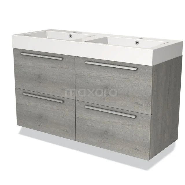 Grijze dubbele wastafel met houtlook, moderne lades en witte keramische waskom; ideaal voor een stijlvolle badkamer inrichting.