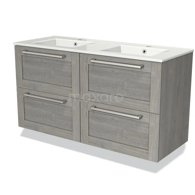 Grey bathroom furniture set with double basin, four drawers and metal handles, made of wood-look material.