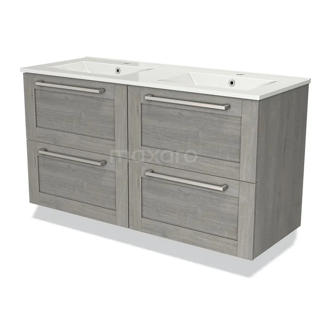 Dubbele wastafelmeubel, houtlook grijs met vier lades en witte keramische wasbak, ideaal voor moderne badkameropslag.