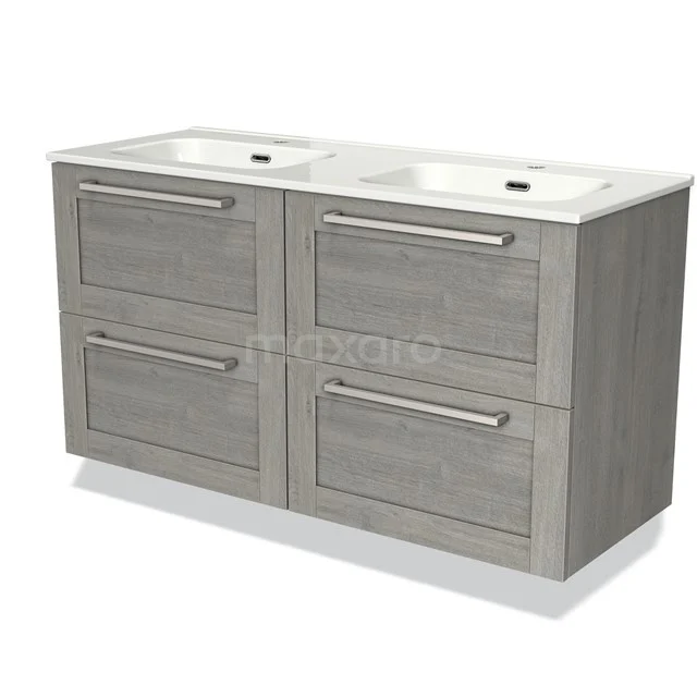 Grijze houten badkamermeubel met dubbele wastafel, strak design en ruime lades, ideaal voor een moderne badkamer.
