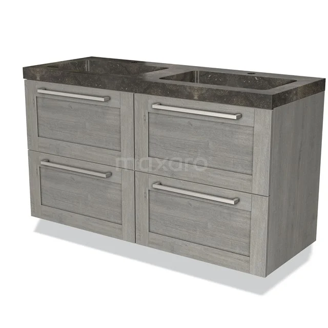 Grey wooden bathroom unit with black stone worktop, four drawers and modern handles; ideal for a stylish bathroom.