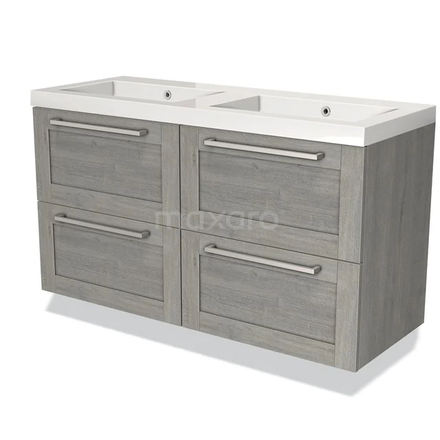 Grijze dubbel wastafelmeubelset met houten look, vier lades en chromen handgrepen, perfect voor een moderne badkamerstijl.