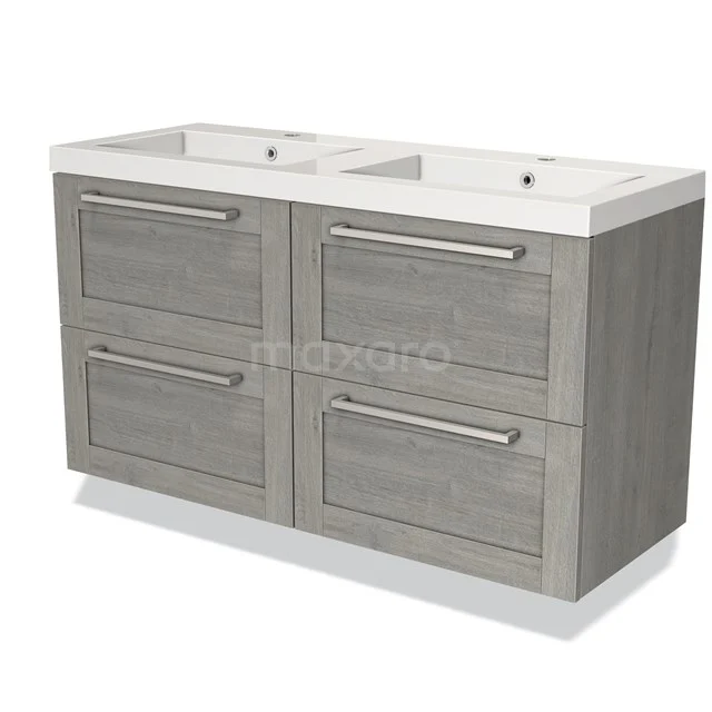 Grijze dubbele wastafelmeubel met houtlook, 4 lades en strak design, perfect voor moderne badkamers.