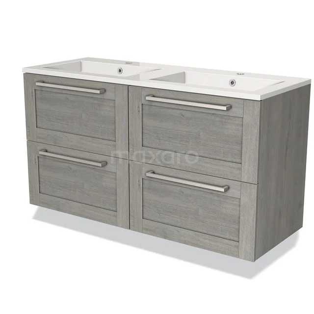 Bathroom unit wood-look vanity units with double basin and four drawers, modern design.