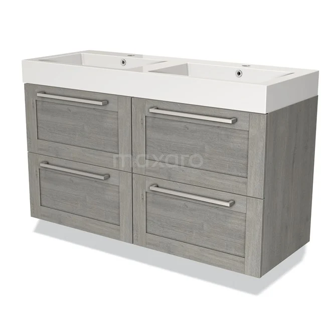 Dubbele wastafel met grijze houten badkamerkast en vier lades, moderne stijl, perfect voor praktische badkameropslag.