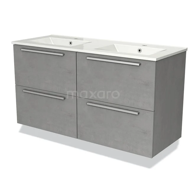 Grijze badkamermeubelset met dubbel wastafelblad, vier lades en een modern design van duurzaam materiaal.