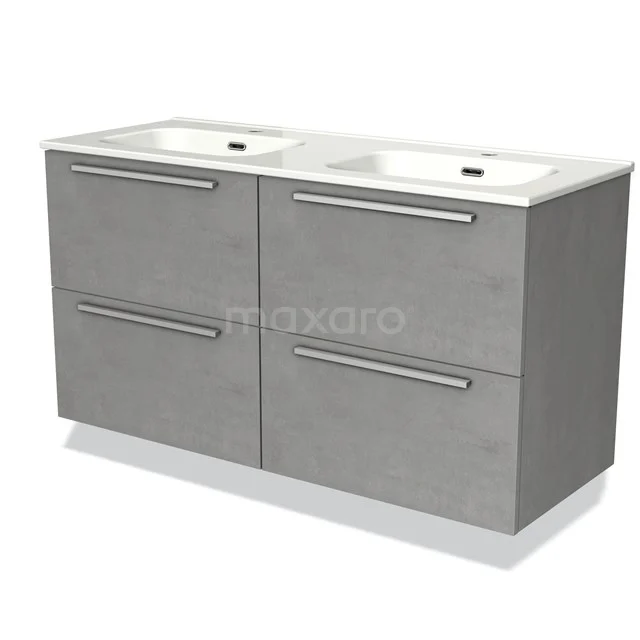 Dubbele wastafelmeubel grijze betonlook met vier lades en chromen grepen, ideaal voor moderne badkamers.