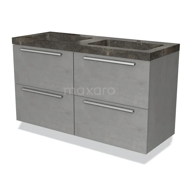 Graue Badmöbelset mit vier Schubladen, marmorierter Platte und integriertem Waschbecken; ideal für moderne Badezimmeraufstellungen.