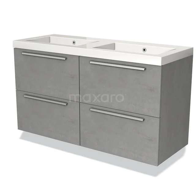 Grijze dubbele wastafelmeubel met ladekasten en chromen handgrepen, ideaal voor moderne badkamers.