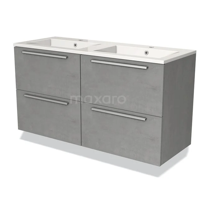 Grey double basin bathroom furniture set with four drawers, ceramic basin and modern metal handles.