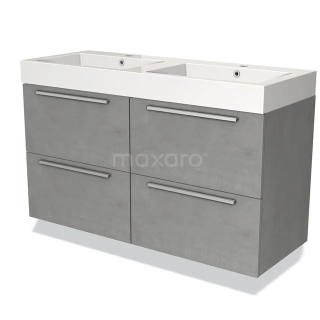 Grijze betonnen wastafelonderkast met dubbele wastafel, strakke handgrepen en vier lades, ideaal voor moderne badkamers.